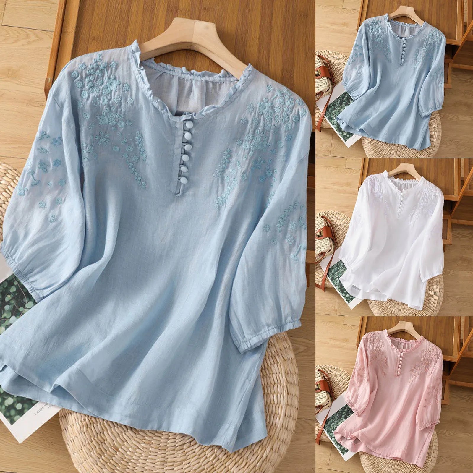 Louise Floral-Embroidered Ruffle-Neck Blouse
