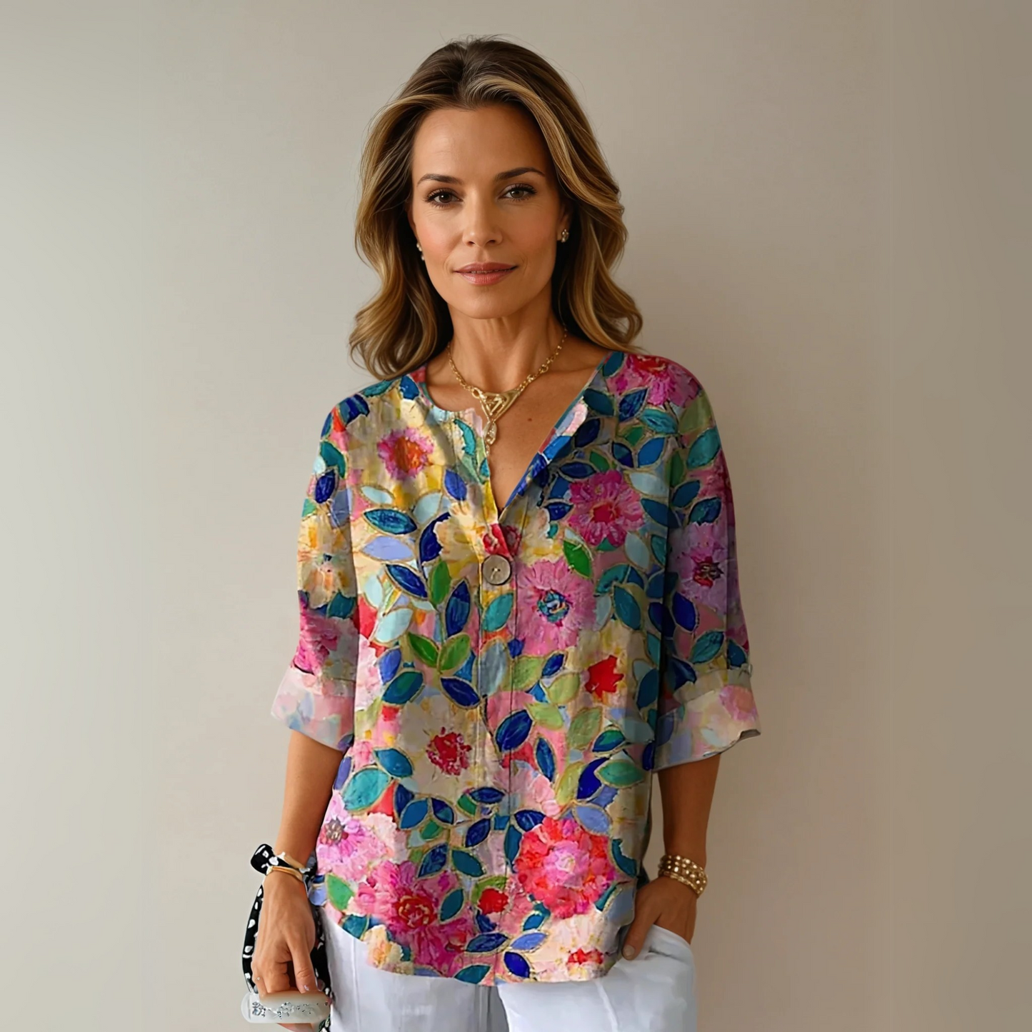 Marine Painterly-Floral V-Neck Blouse