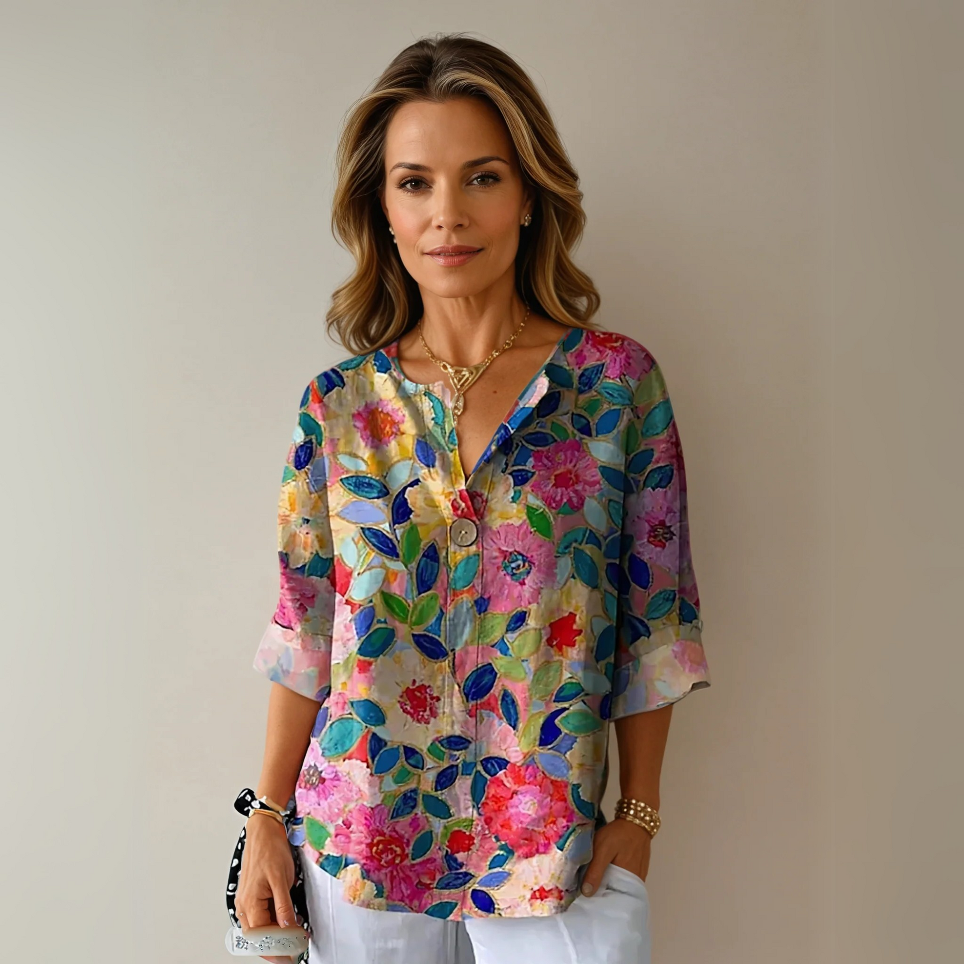 Marine Painterly-Floral V-Neck Blouse
