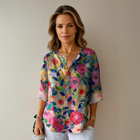 Marine Painterly-Floral V-Neck Blouse