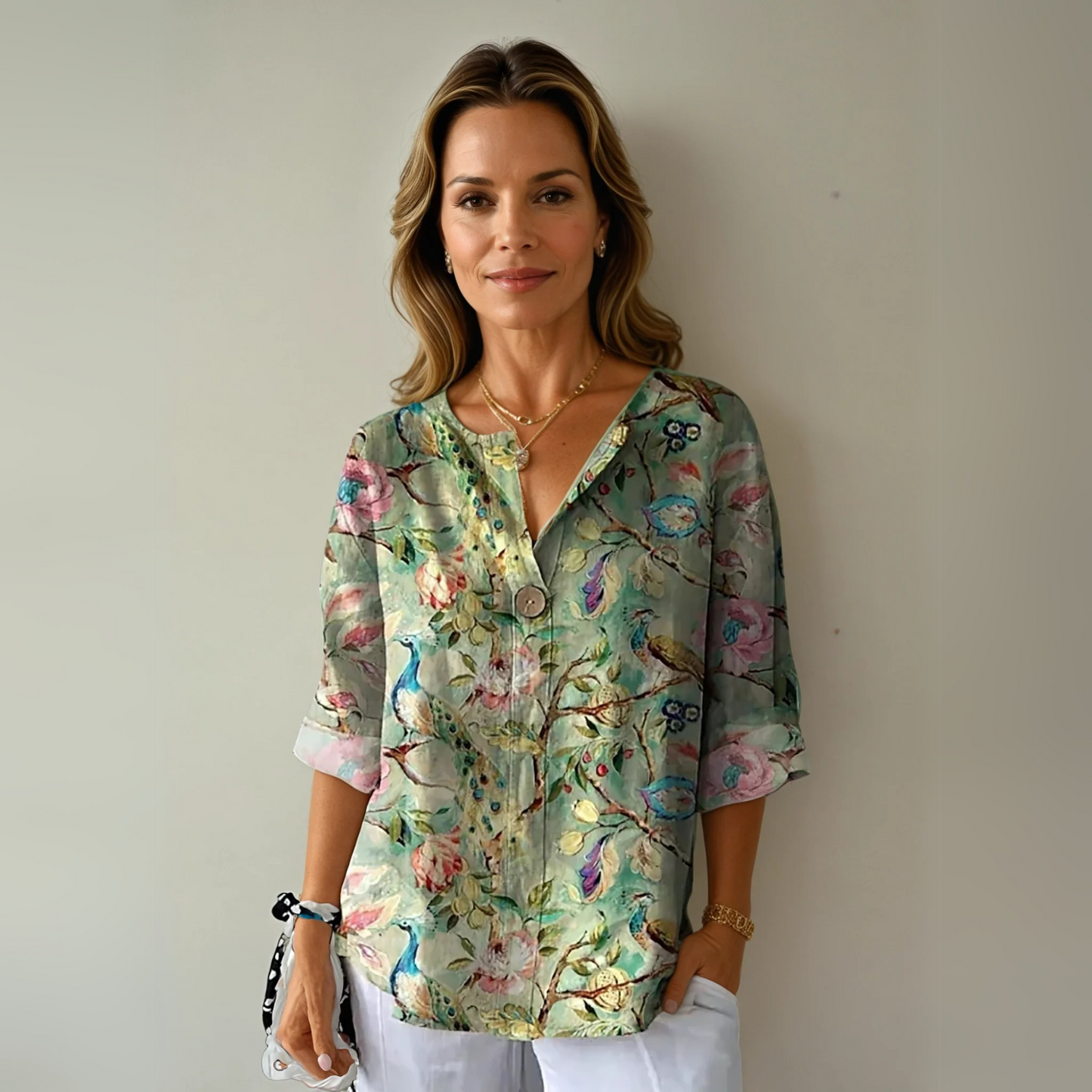 Marine Painterly-Floral V-Neck Blouse