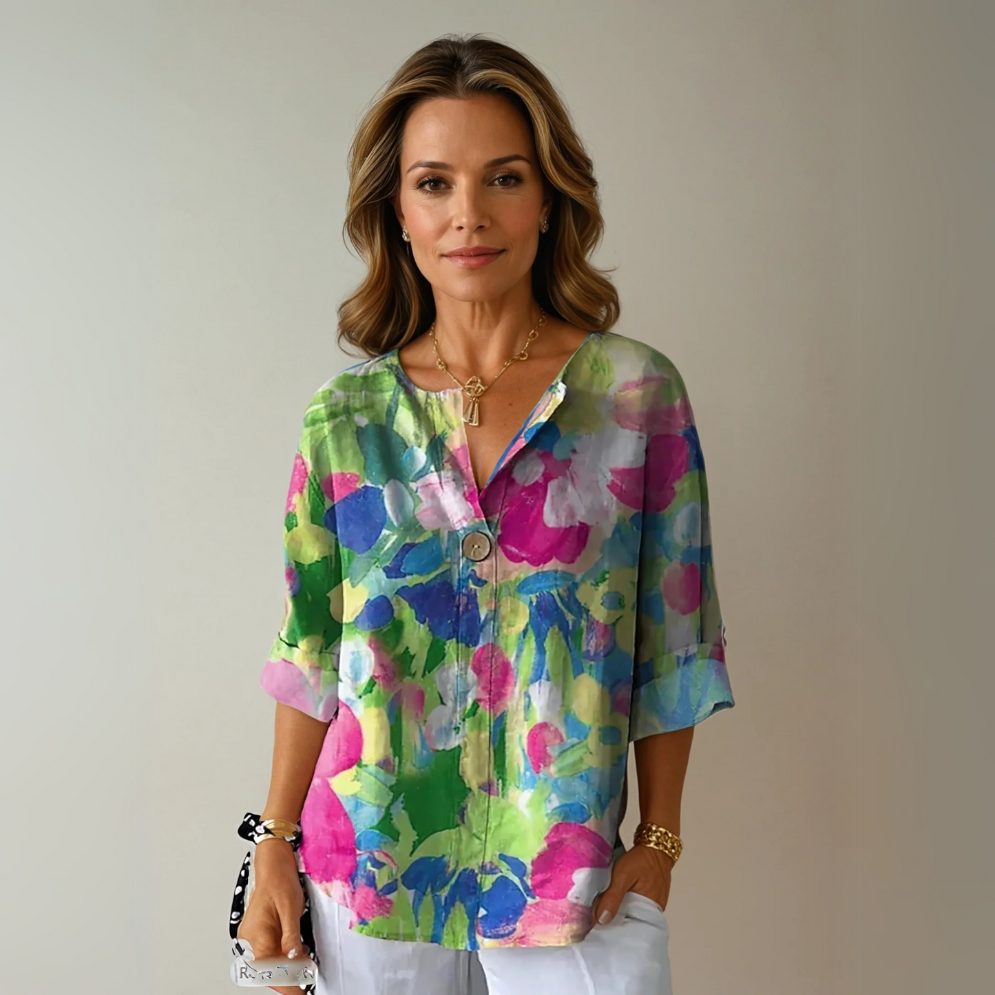 Marine Painterly-Floral V-Neck Blouse