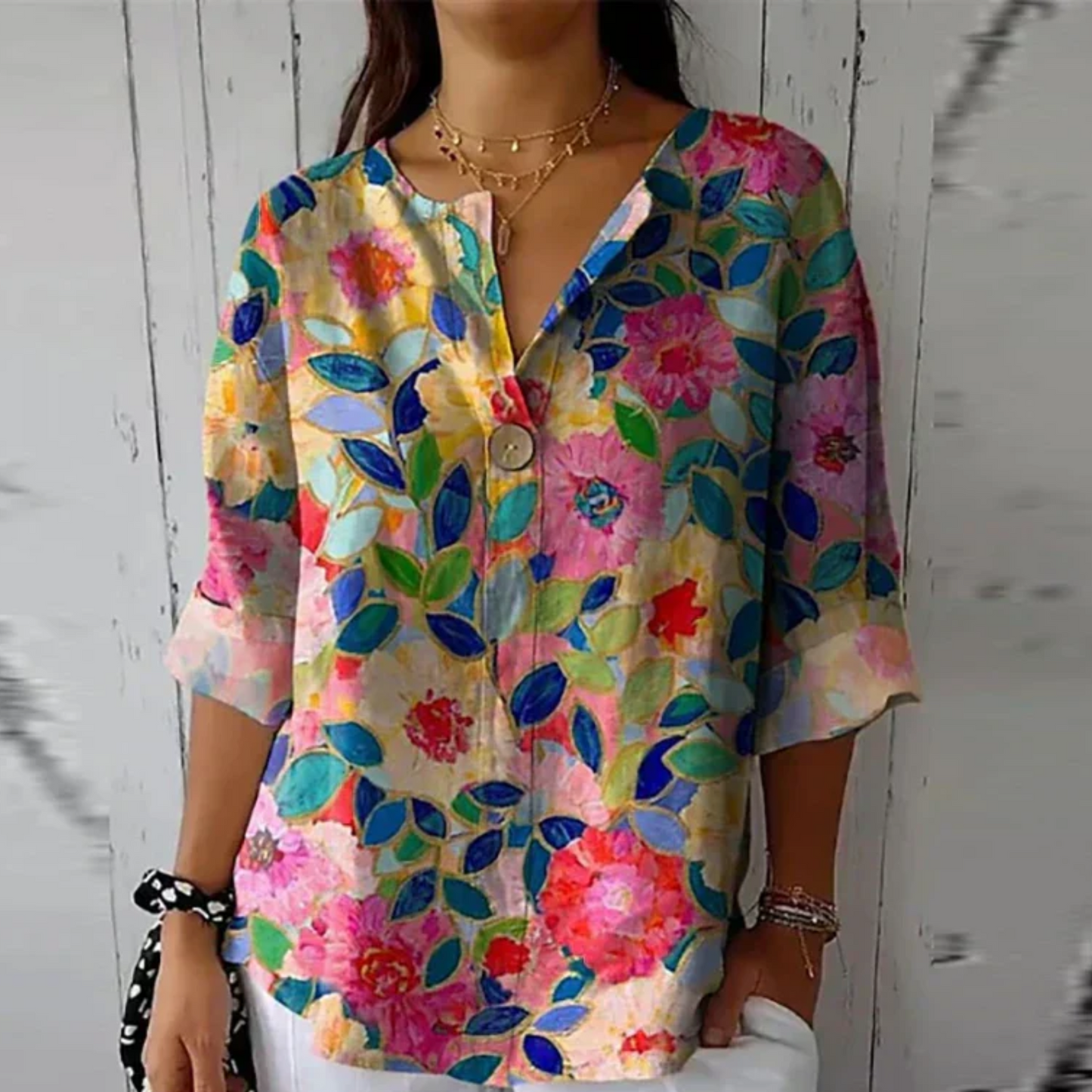 Marine Painterly-Floral V-Neck Blouse