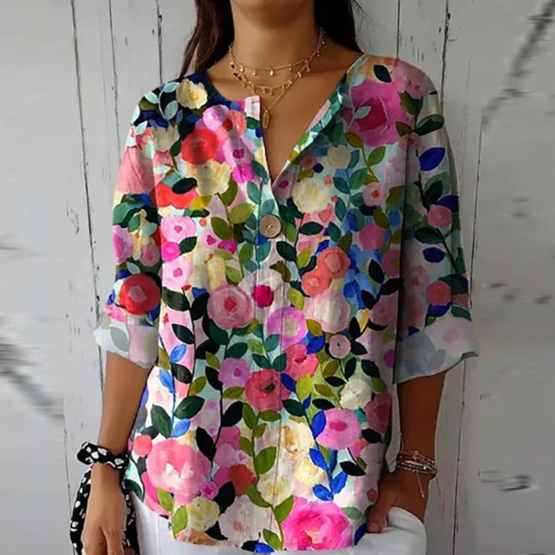 Marine Painterly-Floral V-Neck Blouse