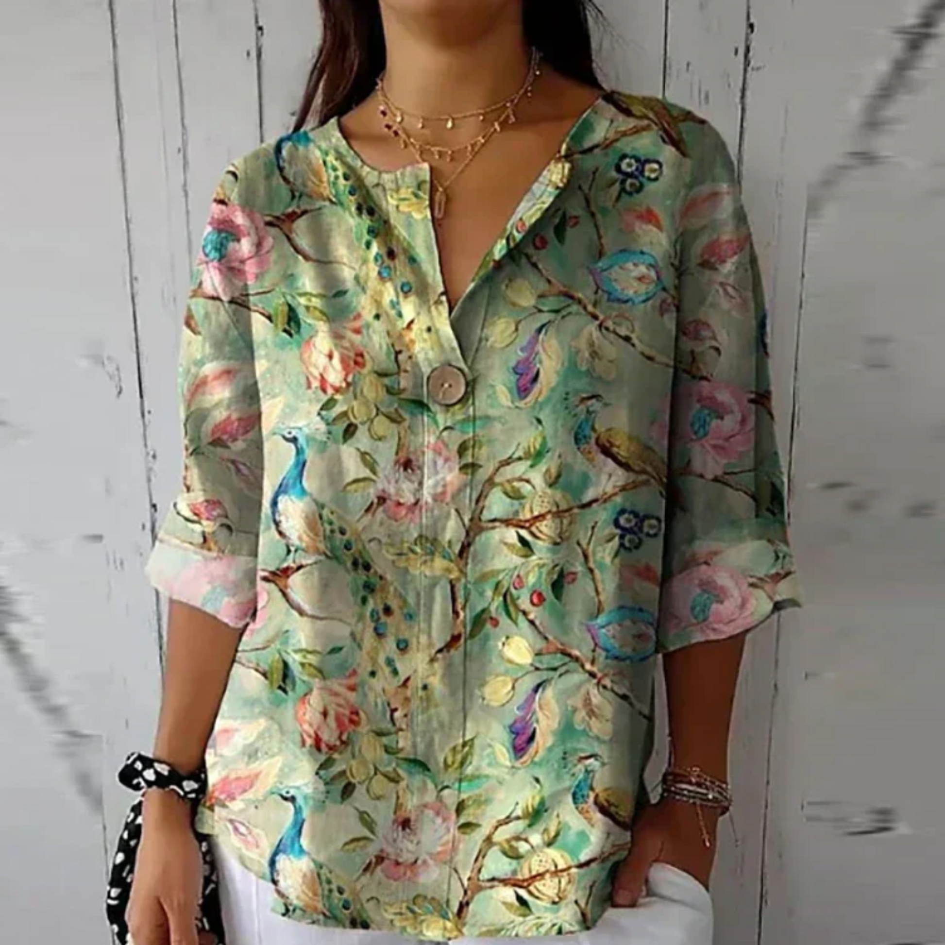 Marine Painterly-Floral V-Neck Blouse