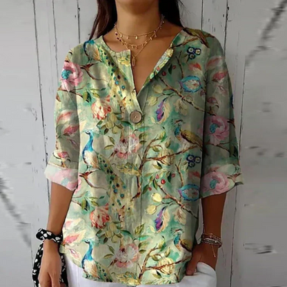 Marine Painterly-Floral V-Neck Blouse