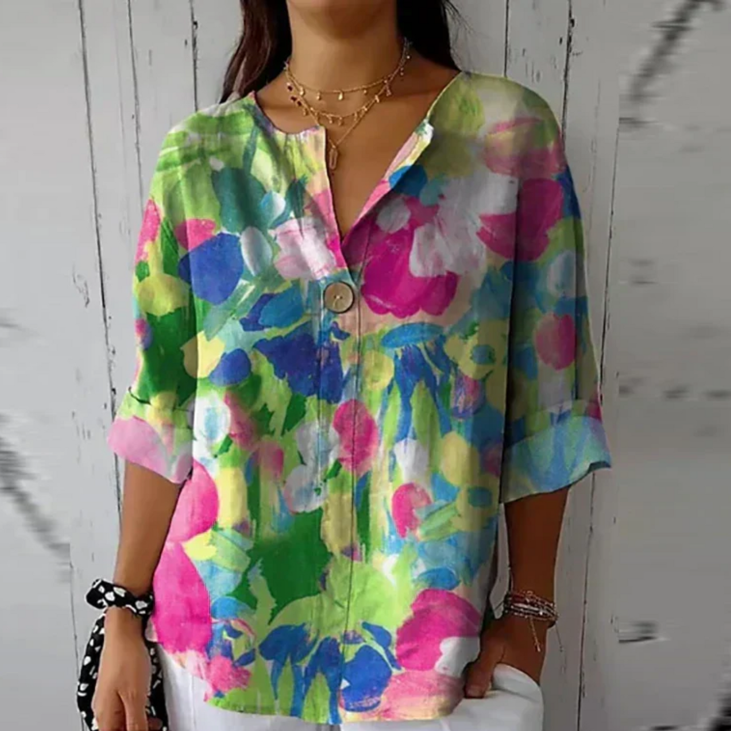 Marine Painterly-Floral V-Neck Blouse