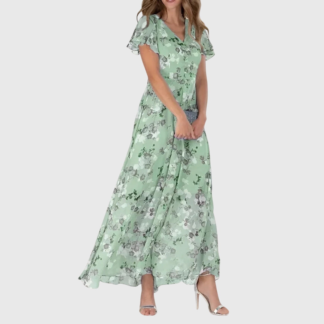 Muriel Flutter-Sleeve Floral Maxi Dress