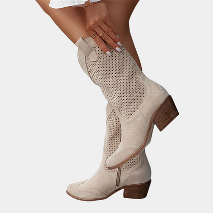 Muriel Perforated Western Mid-Calf Boots