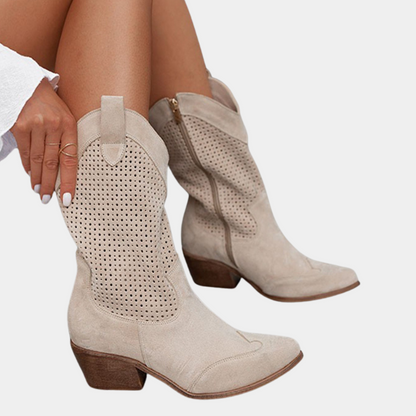 Muriel Perforated Western Mid-Calf Boots