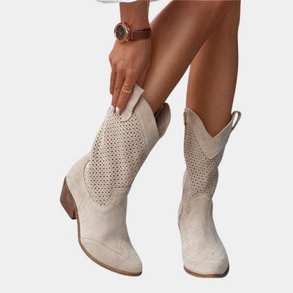 Muriel Perforated Western Mid-Calf Boots