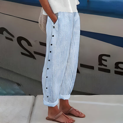 Nadine Side-Button Wide-Leg Striped Pants