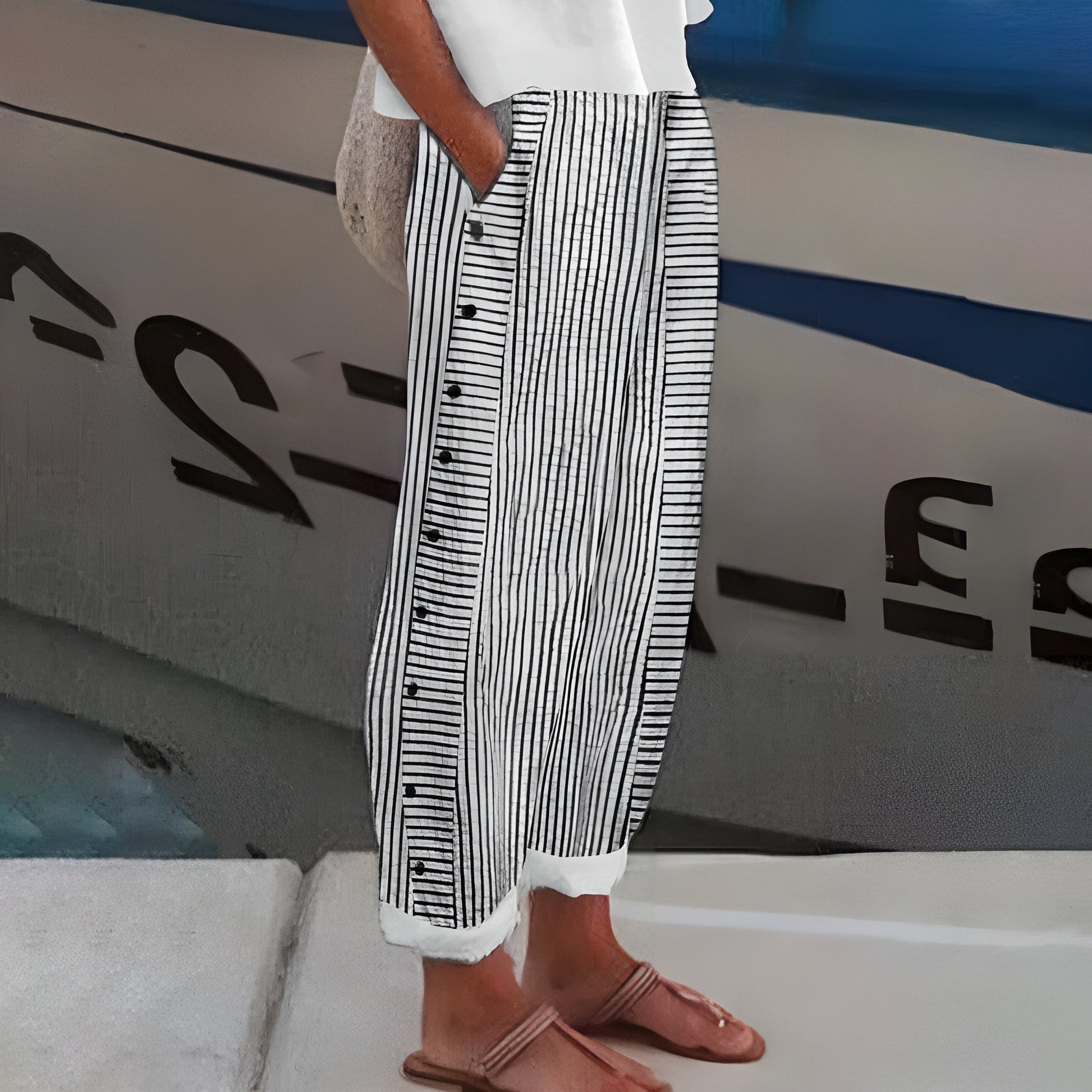 Nadine Side-Button Wide-Leg Striped Pants
