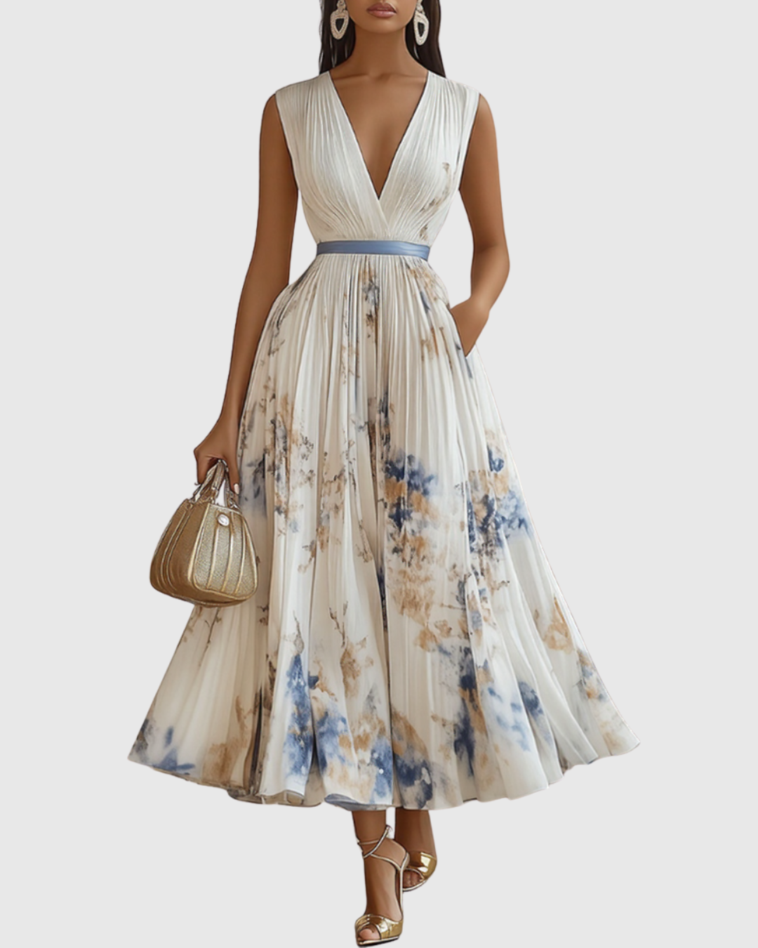 Noëlle Pleated V-Neck Floral Midi Dress