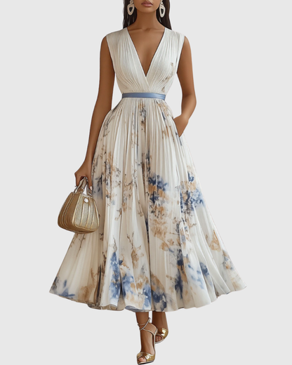 Noëlle Pleated V-Neck Floral Midi Dress