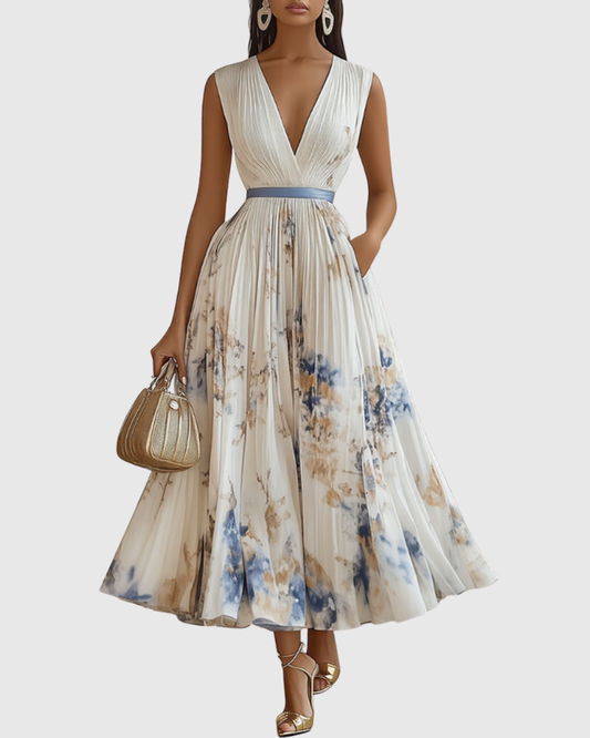 Noëlle Pleated V-Neck Floral Midi Dress