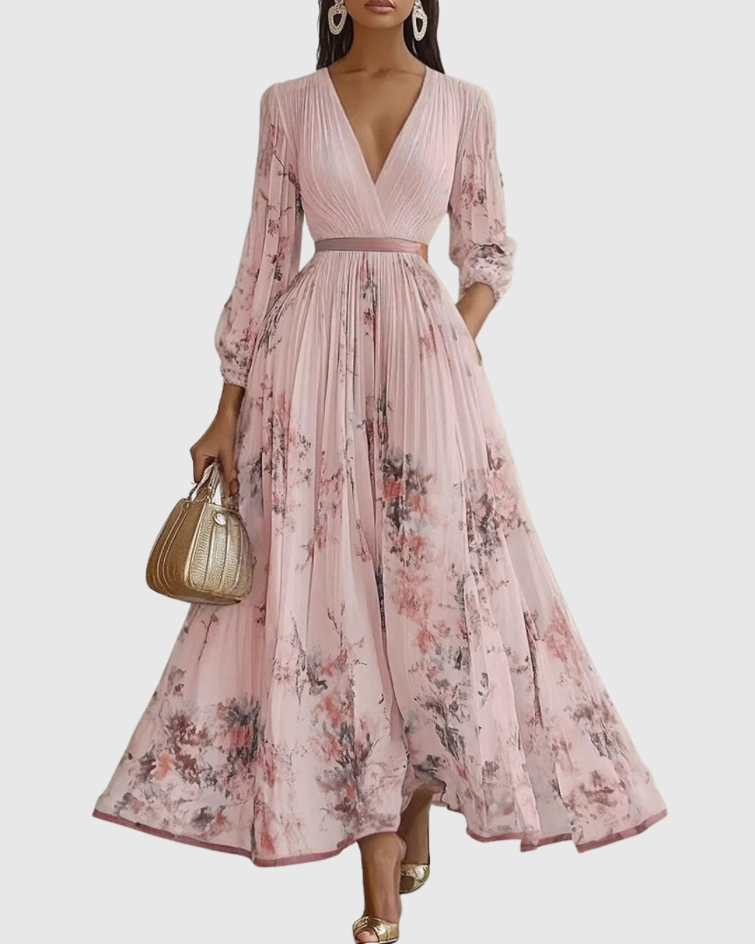 Noëlle Pleated V-Neck Floral Midi Dress