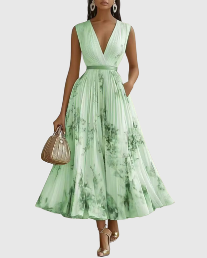 Noëlle Pleated V-Neck Floral Midi Dress