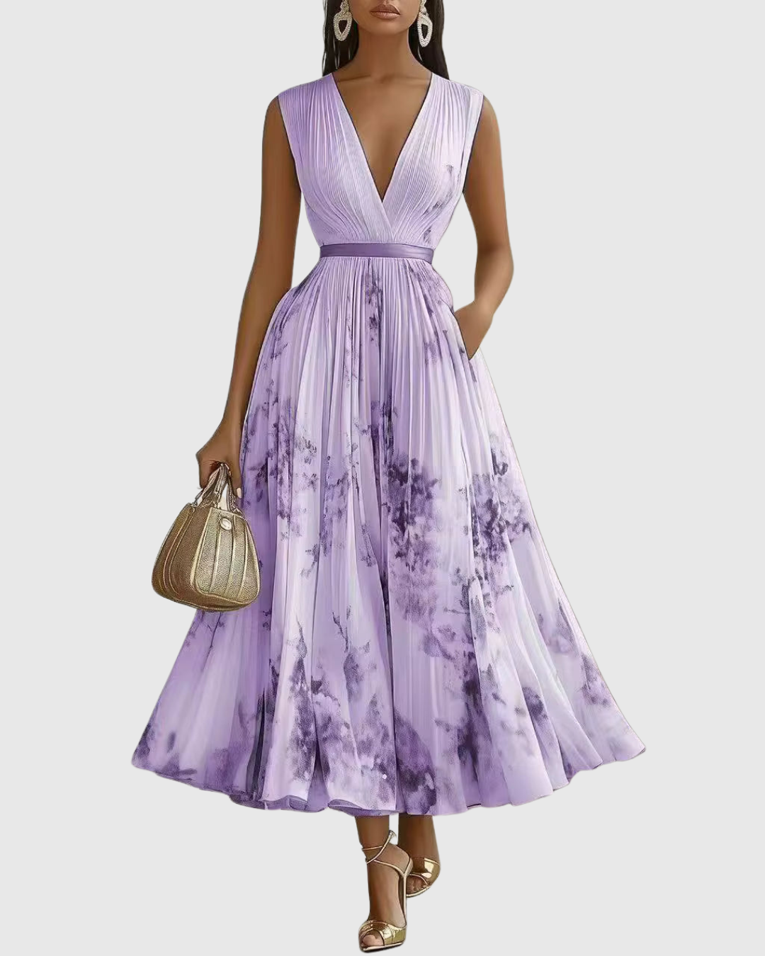 Noëlle Pleated V-Neck Floral Midi Dress