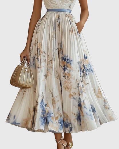 Noëlle Pleated V-Neck Floral Midi Dress