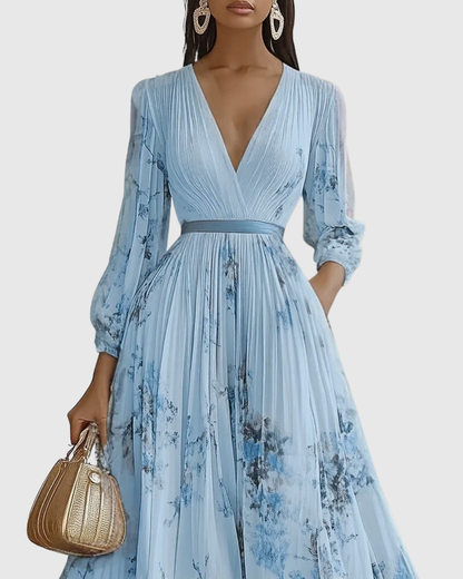 Noëlle Pleated V-Neck Floral Midi Dress