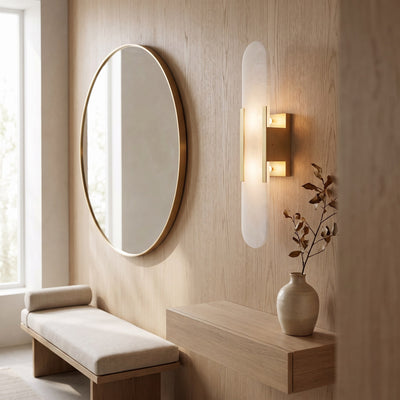 Oblong Alabaster Wall Sconce - Brass / ∅ 3.9″ x H 19.7″