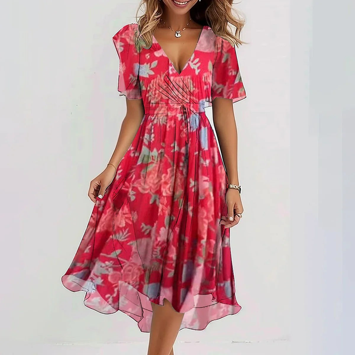 Oriane Flutter-Sleeve Floral Midi Dress