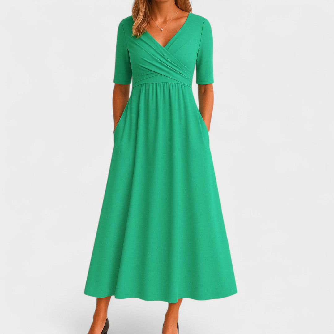 Paulette Crossover-Bodice Midi Dress