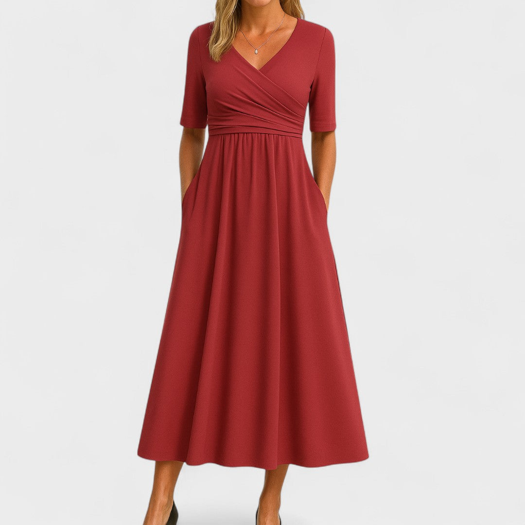 Paulette Crossover-Bodice Midi Dress