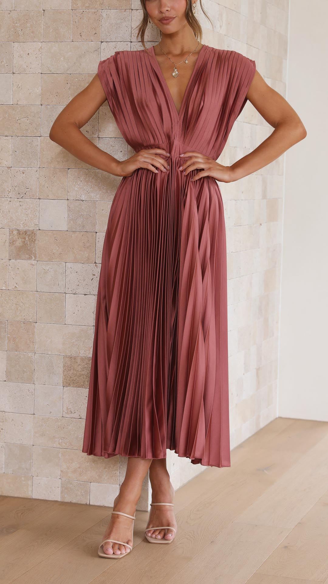 Paulette Pleated V-Neck Midi Dress