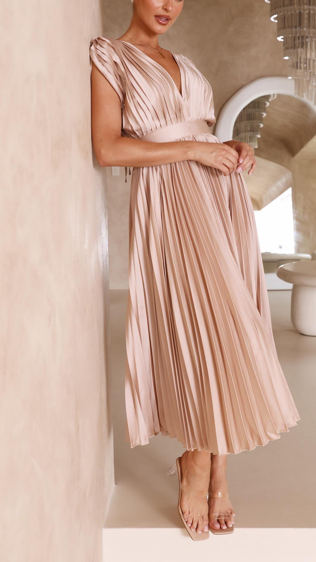 Paulette Pleated V-Neck Midi Dress