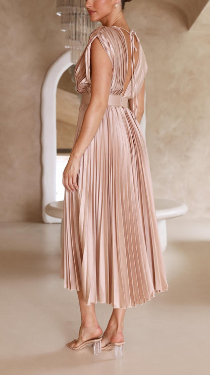 Paulette Pleated V-Neck Midi Dress