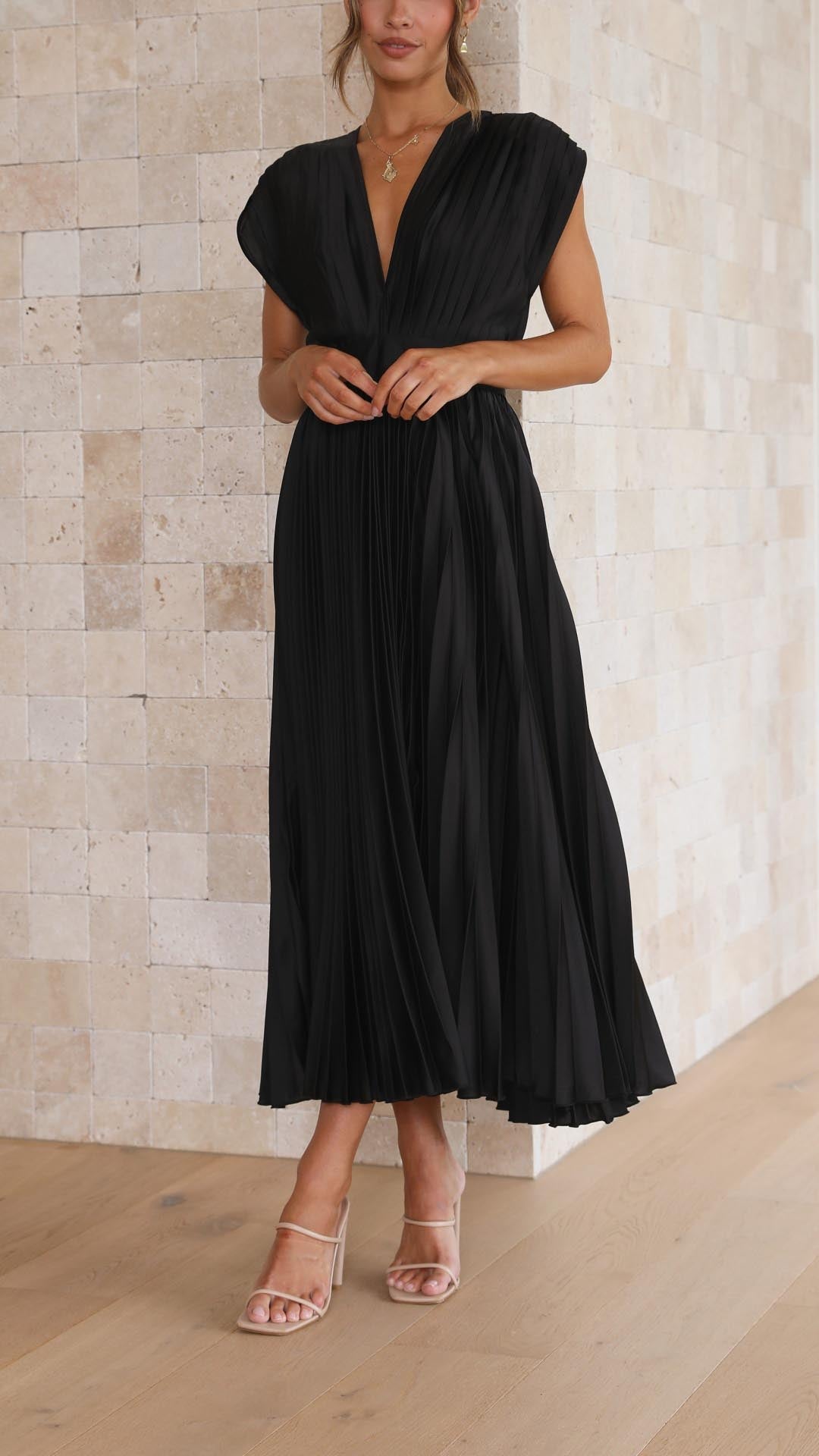 Paulette Pleated V-Neck Midi Dress