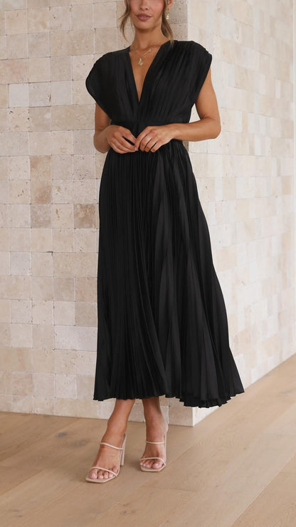 Paulette Pleated V-Neck Midi Dress