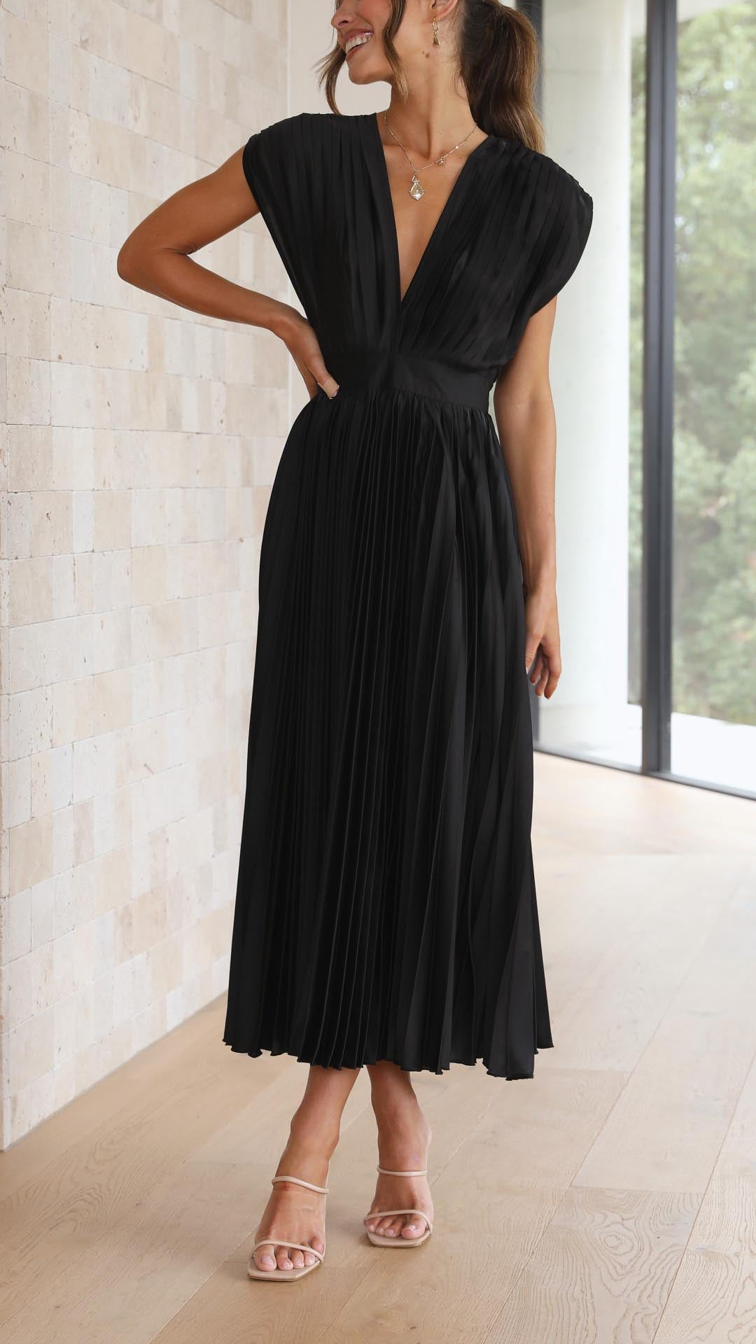 Paulette Pleated V-Neck Midi Dress