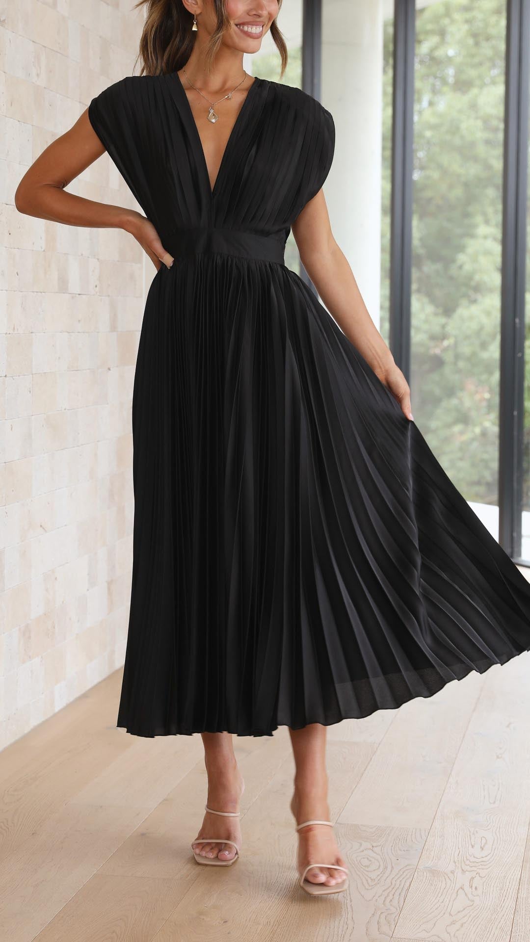 Paulette Pleated V-Neck Midi Dress