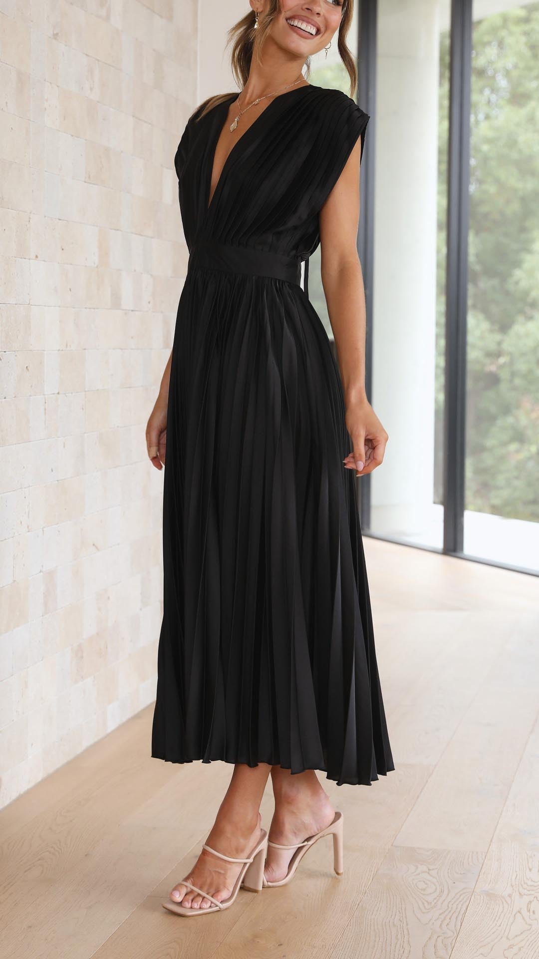 Paulette Pleated V-Neck Midi Dress