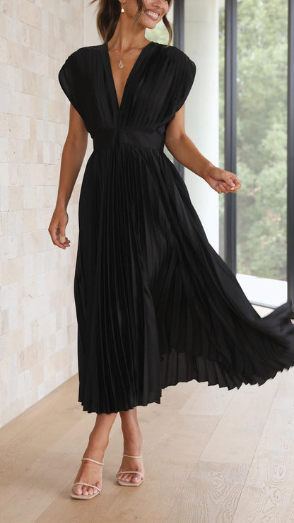 Paulette Pleated V-Neck Midi Dress