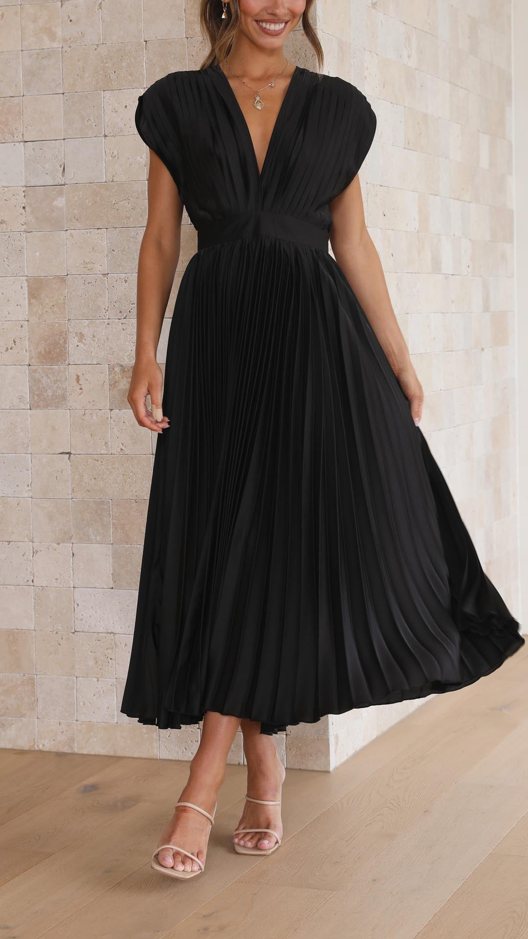 Paulette Pleated V-Neck Midi Dress