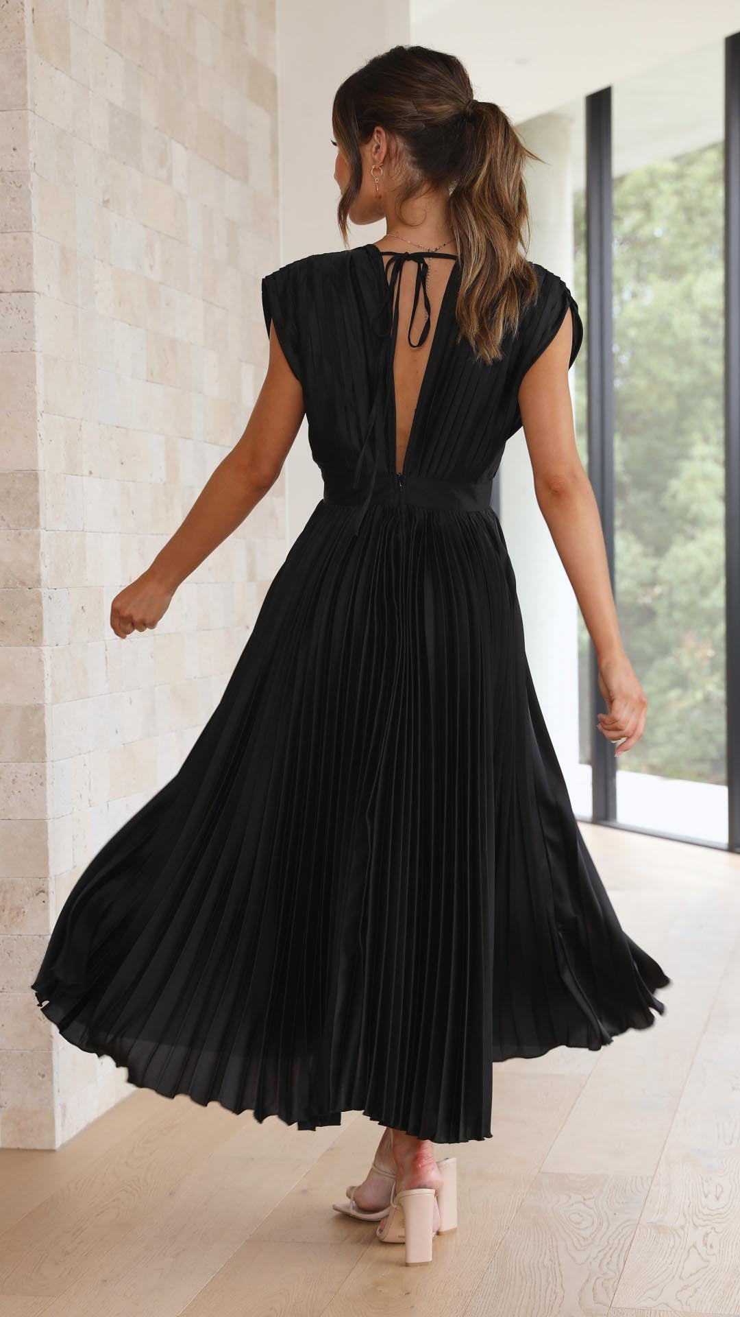 Paulette Pleated V-Neck Midi Dress