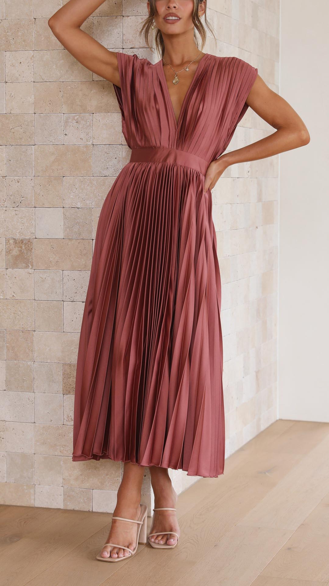 Paulette Pleated V-Neck Midi Dress