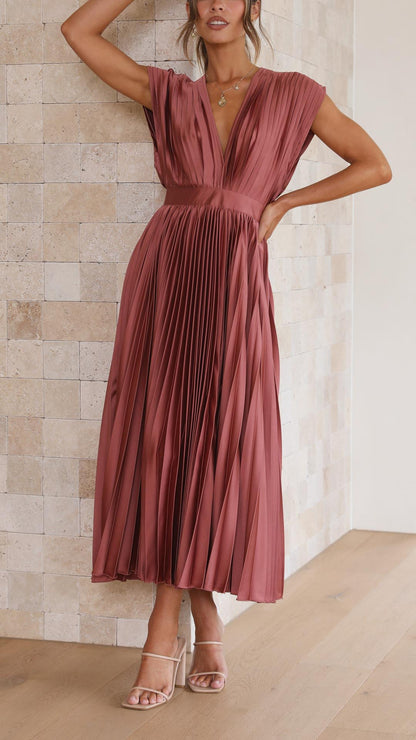 Paulette Pleated V-Neck Midi Dress