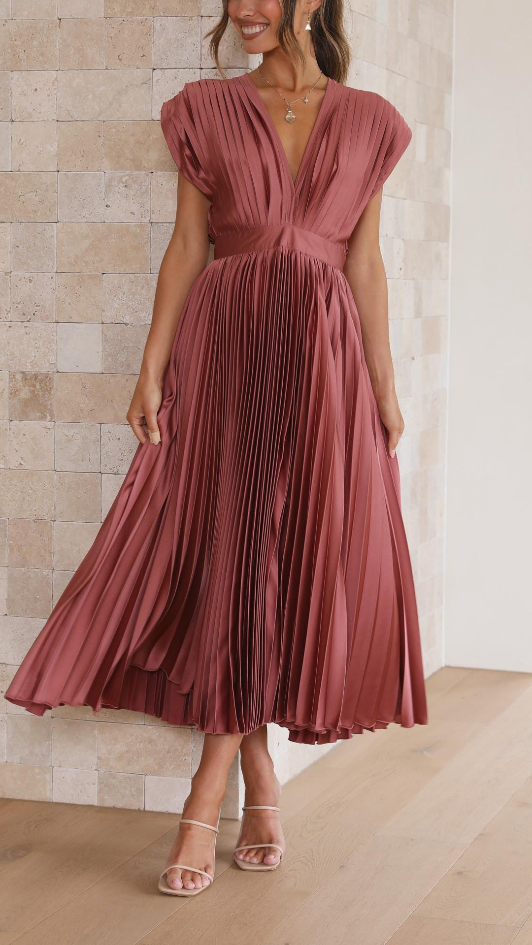 Paulette Pleated V-Neck Midi Dress