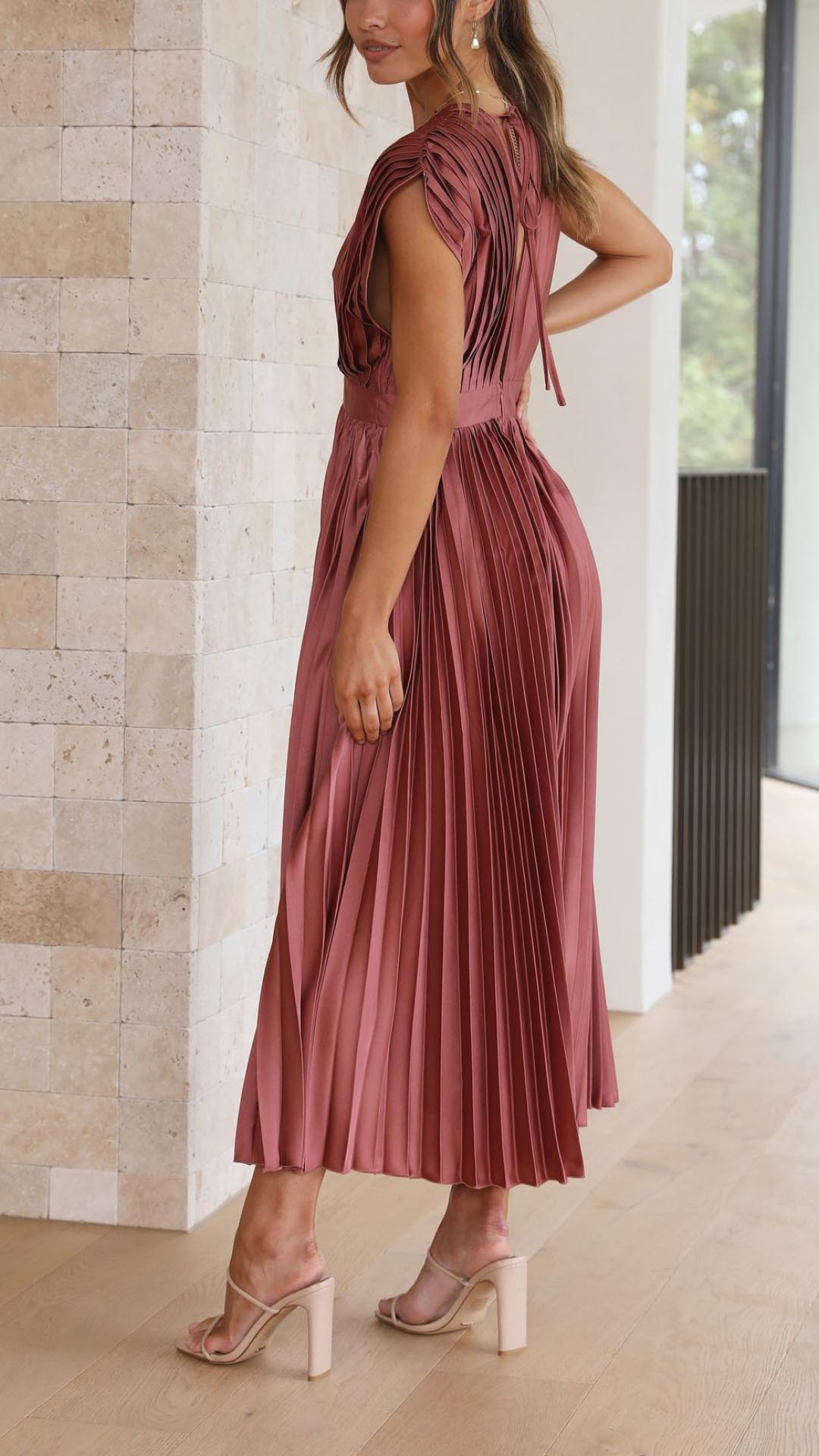Paulette Pleated V-Neck Midi Dress