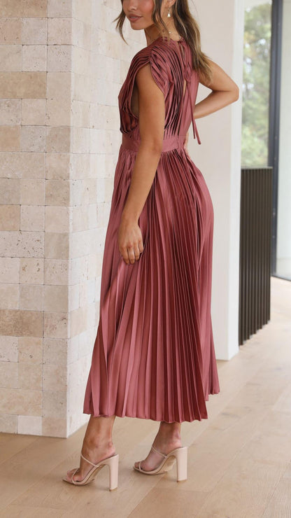 Paulette Pleated V-Neck Midi Dress