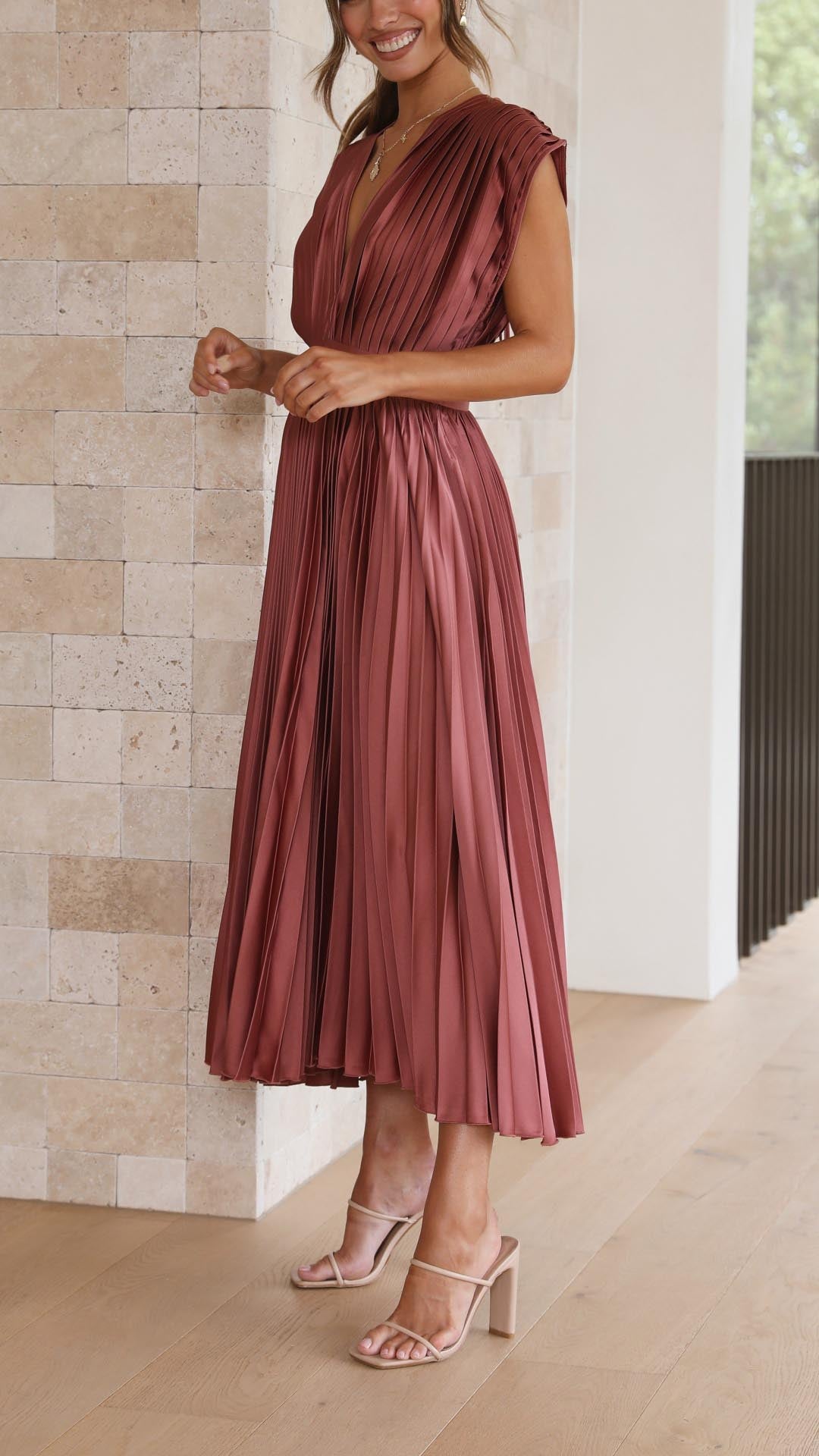 Paulette Pleated V-Neck Midi Dress