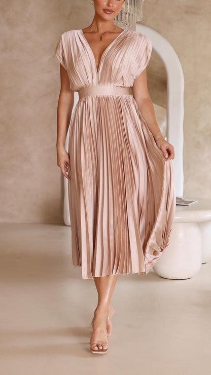 Paulette Pleated V-Neck Midi Dress
