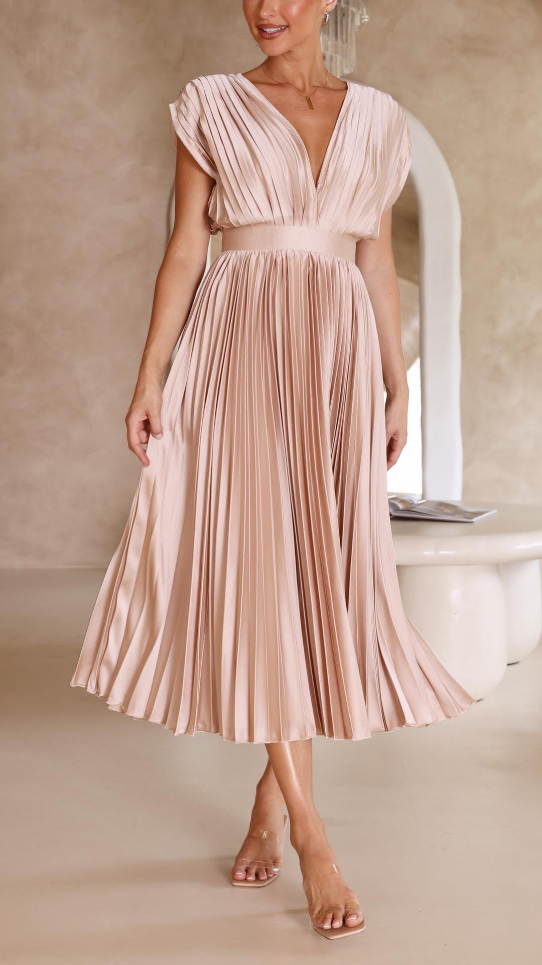 Paulette Pleated V-Neck Midi Dress