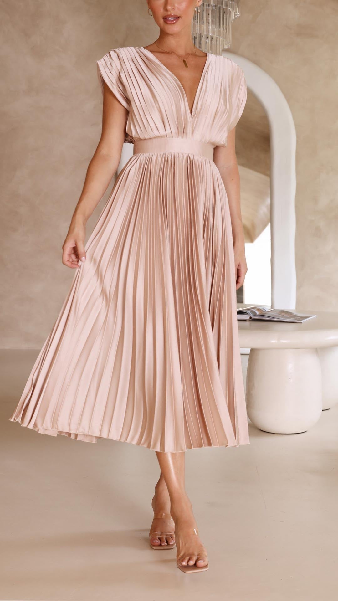 Paulette Pleated V-Neck Midi Dress