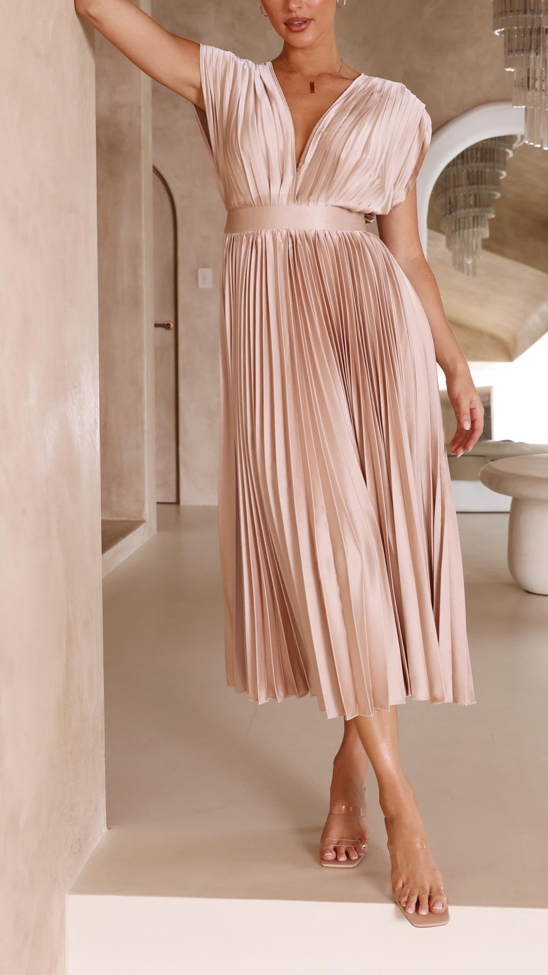 Paulette Pleated V-Neck Midi Dress